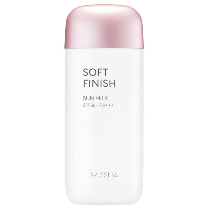 Missha Soft Finish Sun Milk 70ml mattapinnan jättävä aurinkosuoja valkoisessa pullossa vaaleanpunaisella korkilla