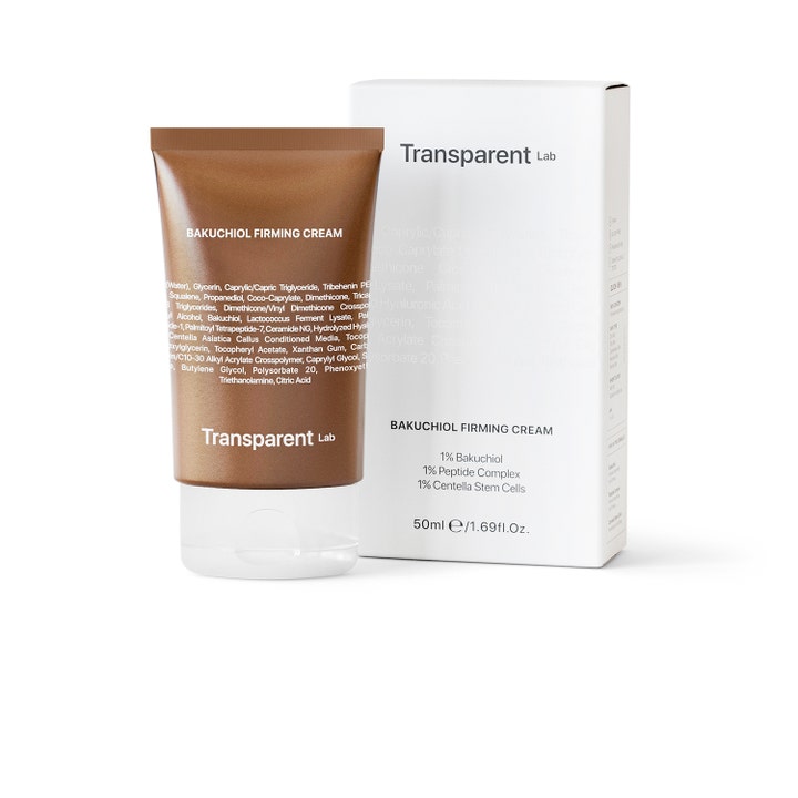 Transparent Lab Bakuchiol Firming Cream 50 ml kiinteyttävä kasvovoide ruskeassa tuubissa ja valkoisessa rasiassa.
