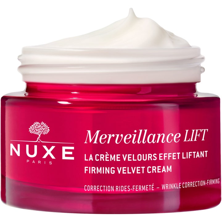 Nuxe Merveillance LIFT Firming Velvet Cream 50 ml silottava päivävoide punaisessa lasipurkissa täyteläisellä koostumuksella.
