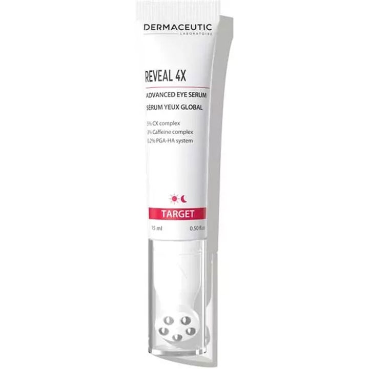 Dermaceutic Reveal 4X 15 ml kirkastava silmänympärysseerumi valkoisessa tuubissa, jossa on hierova metallipää.