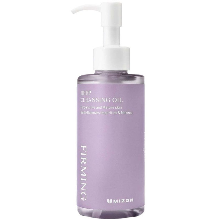 Mizon Firming Deep Cleansing Oil 150 ml puhdistusöljy on pakattu lilaan pumppupulloon, jossa on valkoinen korkki.