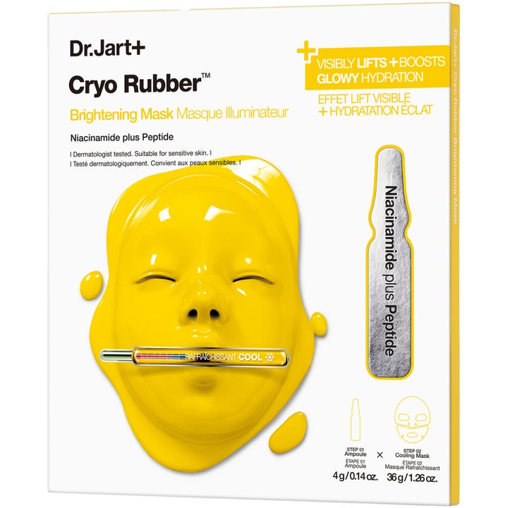 Dr.Jart+ Cryo Rubber Brightening Mask 4g ja 36g kirkastava naamio pakkauksessa keltaisella kumikasvolla ja niasiiniamidilla.