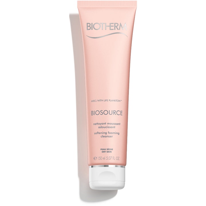 Biotherm Biosource 150 ml puhdistusvaahto kuivalle iholle on pakattu vaaleanpunaiseen tuubiin valkoisella korkilla.