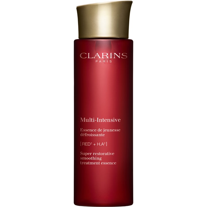 Clarins Multi-Intensive Treatment Essence 200 ml silottava hoitoneste syvänpunaisessa pullossa kultaisella korkilla