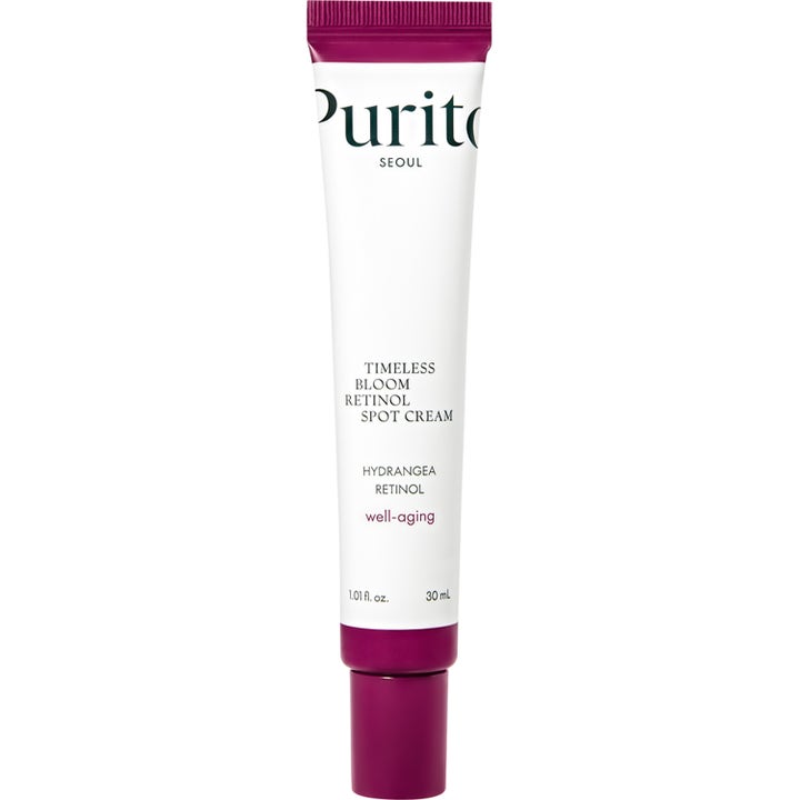 Purito Seoul Timeless Bloom Retinol Spot Cream 30 ml uudistava täsmävoide valkoisessa tuubissa purppuranvärisellä korkilla