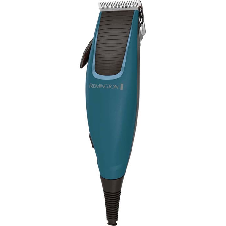 Remington hiustenleikkuukone tarkkaan muotoiluun on turkoosi johdollinen laite teräksisillä terillä.