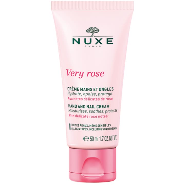 NUXE Very Rose 50 ml kosteuttava ja rauhoittava käsivoide vaaleanpunaisessa tuubissa ja pinkki korkki