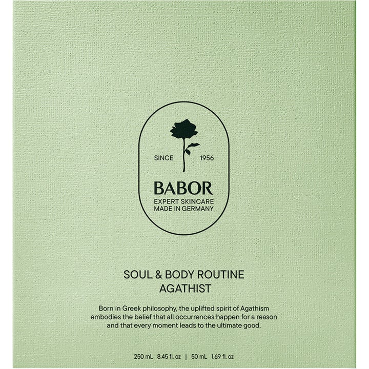 Babor Soul & Body Gift Set Agathist 300 ml vartalonhoitosetti vaaleanvihreässä teksturoidussa lahjapakkauksessa.