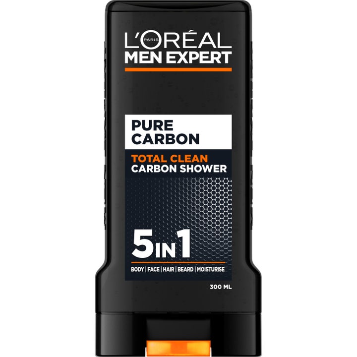 L'Oréal Men Expert Pure Carbon Total Clean 300 ml 5-in-1 suihkugeeli mustassa pullossa jossa on oranssi tehoste.
