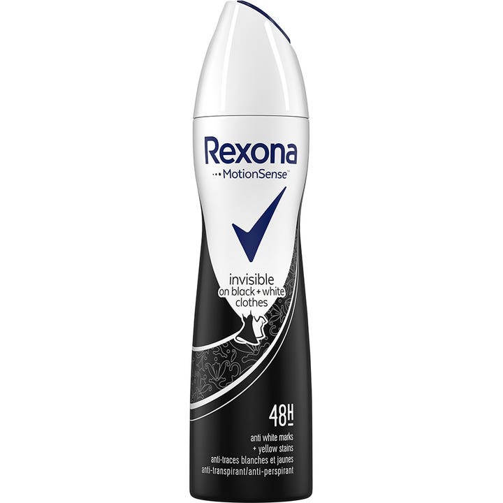 Rexona Deo Spray Black&White 150 ml antiperspirantti ehkäisee tahroja vaatteissa mustavalkoisessa pullossa.