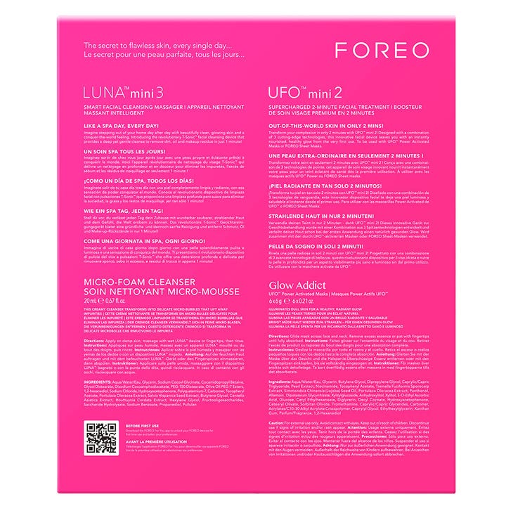 FOREO LUNA Mini 3 & UFO Mini 2 Set Fuchsia ihonhoitosetti pakkaus tuotetiedoilla ja käyttöohjeilla.