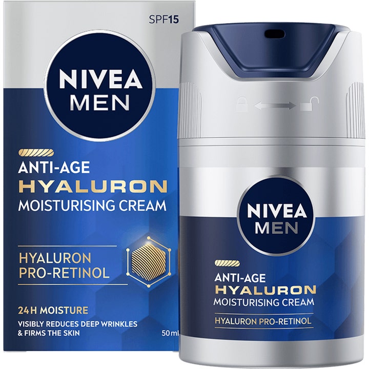 Nivea Men Anti-Age Hyaluron Moisturising Cream 50 ml kosteuttava kasvovoide hopeisessa pumppupullossa ja pakkauksessa.