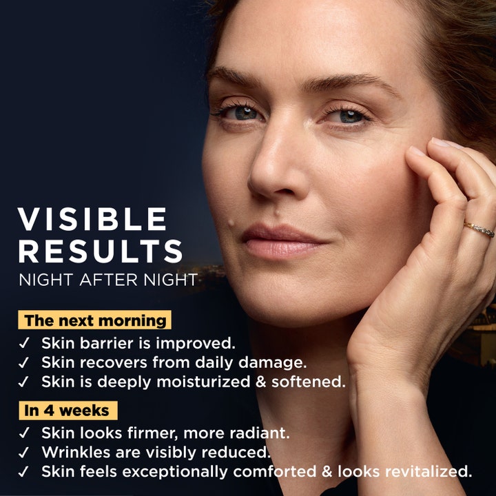L'Oréal Paris Midnight Cream 50 ml elvyttävä yövoide näkyviin tuloksiin naisen kasvoilla.