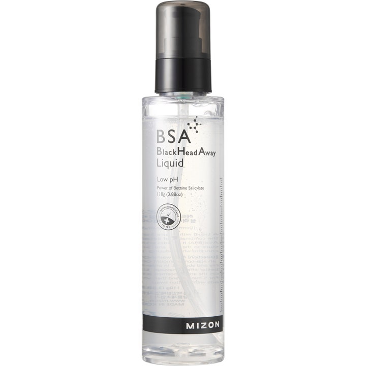 Mizon BSA Blackhead Away Liquid 110g puhdistusneste poistaa mustapäitä kirkkaassa muovipullossa mustalla pumpulla.