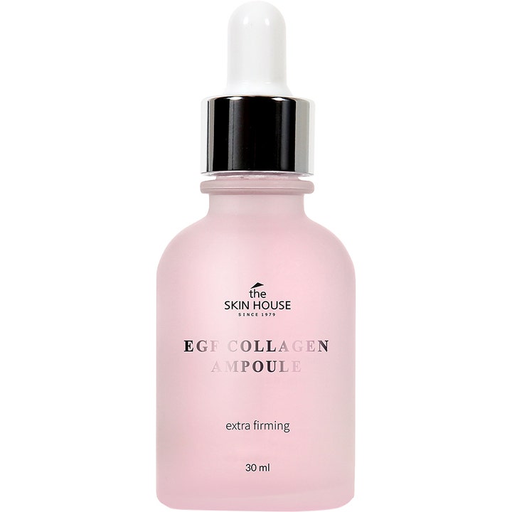 The Skin House EGF Collagen Ampoule 30 ml kiinteyttävä ampulli vaaleanpunaisessa huurteisessa lasipullossa hopeisella pipetillä.