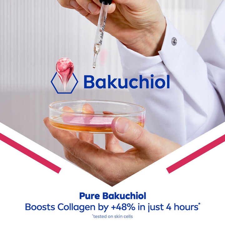 NIVEA Cellular Filler Elasticity Reshape 50 ml yövoide ja pipetti laboratoriossa Pure Bakuchiol -tekstillä.