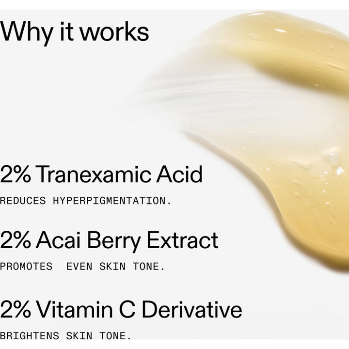 The INKEY List Tranexamic Acid Serum 30 ml kirkastava seerumi kellertävällä koostumuksella ja ainesosatiedoilla.
