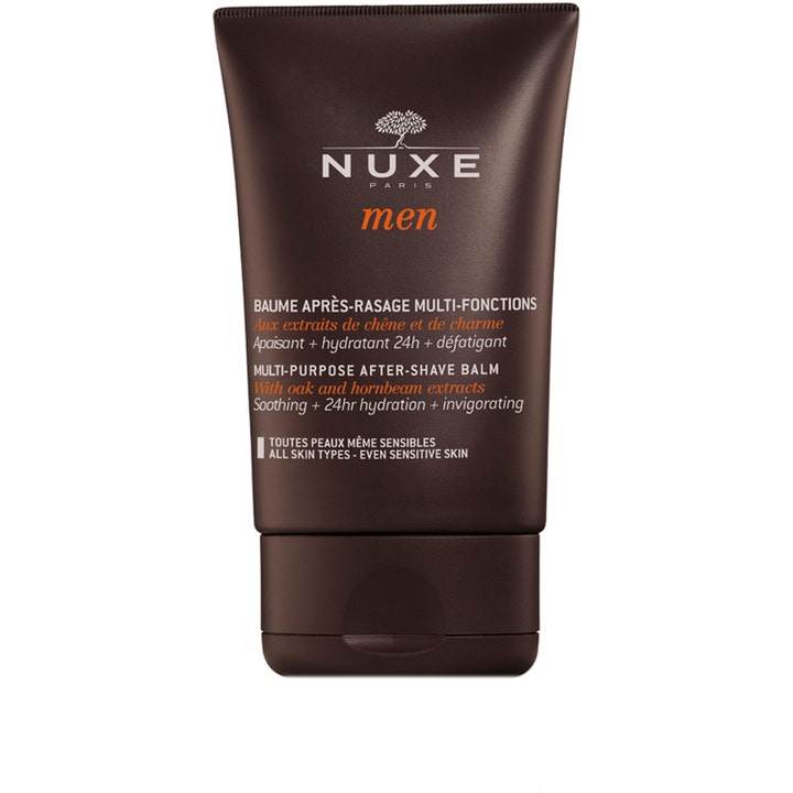 Nuxe Men Multi-Purpose After-Shave Balm 50 ml rauhoittava partabalsami ruskeassa muovituubissa oransseilla teksteillä