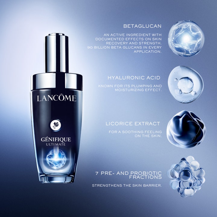 Lancôme Génifique Ultimate Serum 50 ml sisältää hyaluronihappoa ja betaglukaania ihon vahvistamiseen.