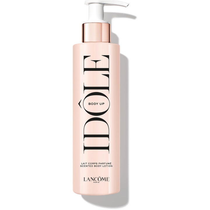 Lancôme Idôle Body Up 200 ml hajustettu vartalovoide vaaleanpunaisessa pumppupullossa ruusukultaisella kauluksella.