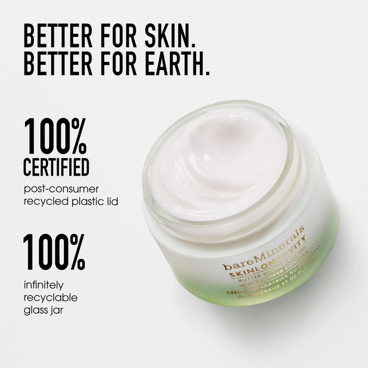 bareMinerals Skinlongevity Restorative Rich-Cream 50 ml uudistava kasvovoide 100 % kierrätettävässä lasipurkissa.