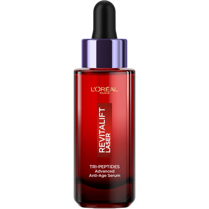 L'Oréal Paris Revitalift Laser 30 ml silottava seerumi punaisessa lasipullossa, jossa on musta pipetti.