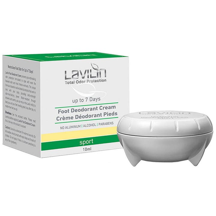 Lavilin Foot Deodorant Cream Sport 10 ml jalkadeodoranttivoide poistaa hajua valkoisessa purkissa ja vihreässä pakkauksessa.