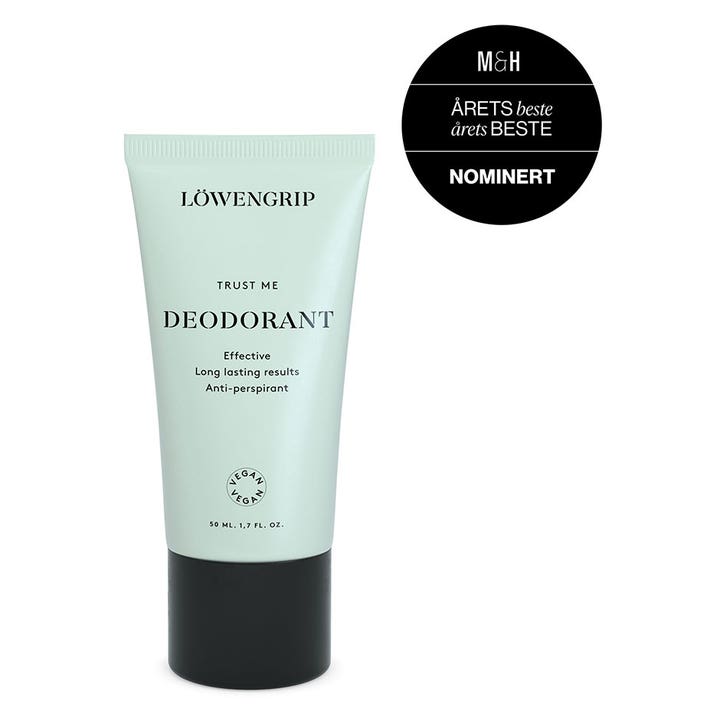 Löwengrip Trust Me Deodorant 50 ml tehokas antiperspirantti vaaleanvihreässä tuubissa Årets Beste -merkinnällä.