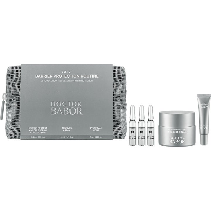 Doctor Babor Best of Barrier Protection Routine ihonhoitosetti vahvistaa ihoa harmaassa pussissa hopeisilla voiteilla