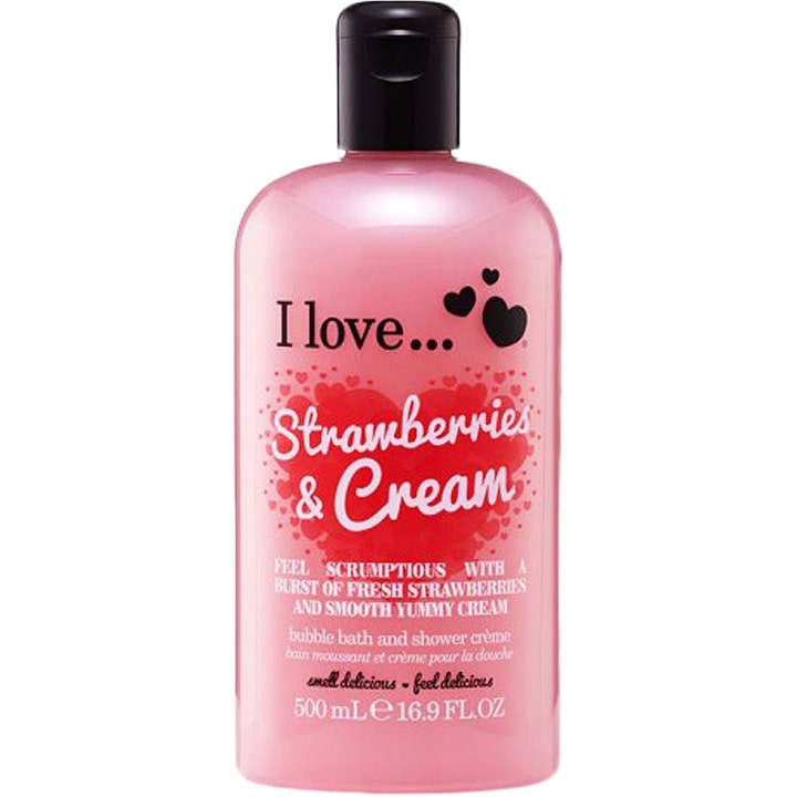 I Love Strawberries & Cream 500 ml puhdistava suihkuvoide ja kylpyvaahto vaaleanpunaisessa pullossa mustalla korkilla