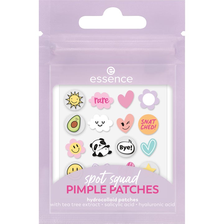 essence Spot Squad Pimple Patches hoitavat finnilaastarit epäpuhtauksille värikkäissä muodoissa lila pussi