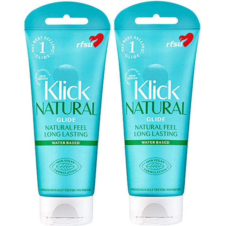 RFSU Klick Natural Glide 100 ml vesipohjainen liukuvoide luonnolliseen tunteeseen kaksi turkoosia muovituubia