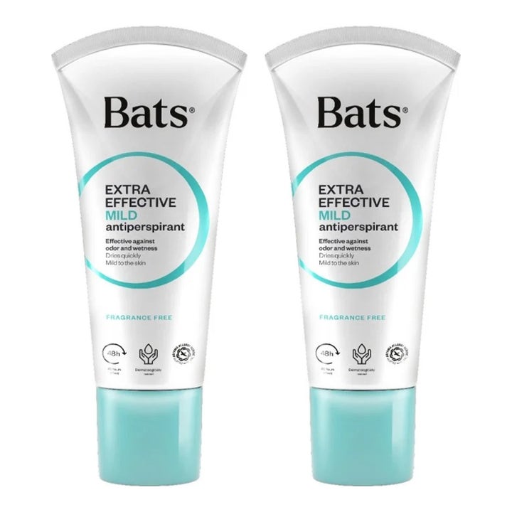 Bats Extra Effective Mild antiperspirant 2 kpl tehokas hajusteeton voide kahdessa valkoisessa tuubissa turkoosilla korkilla