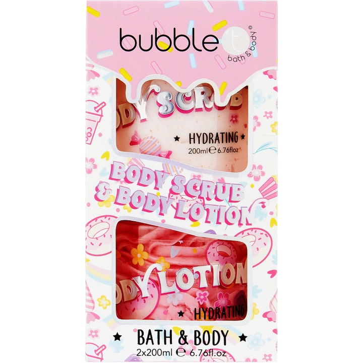 Bubble T Body Scrub & Body Lotion 2x200ml kosteuttava vartalosetti herkkukuvioisessa vaaleanpunaisessa pakkauksessa