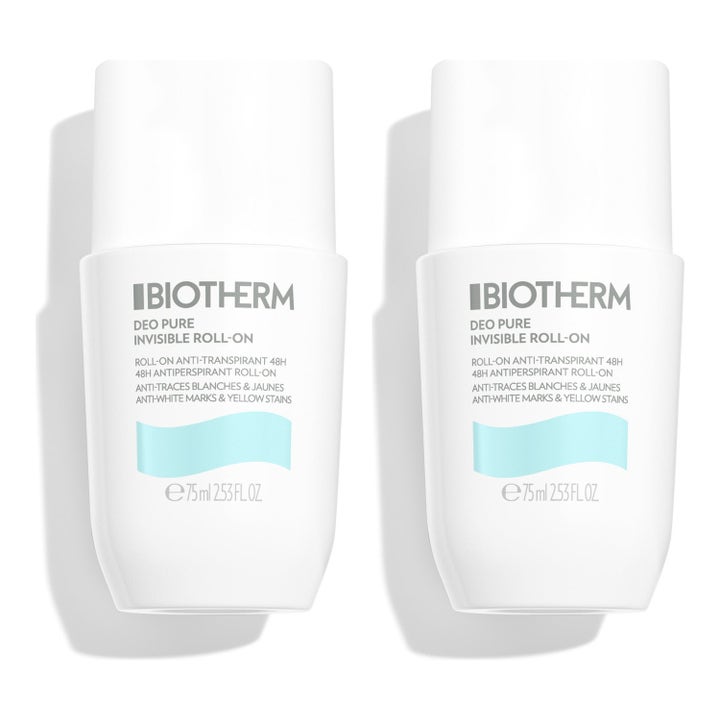 Biotherm Deo Pure Invisible Roll-On 2x75 ml antiperspirantti ehkäisee tahroja kahdessa valkoisessa pakkauksessa.