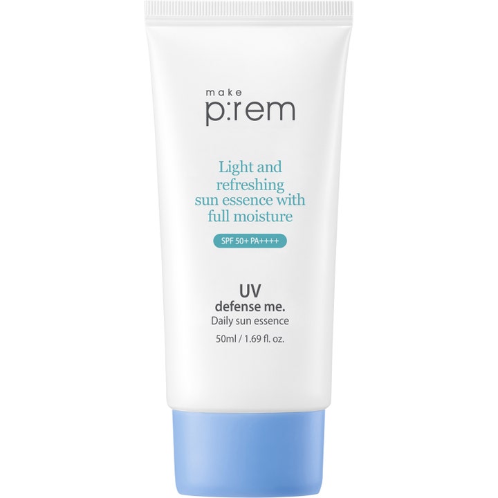 Make P:rem UV Defense Me Daily Sun Essence 50ml kosteuttava aurinkosuoja valkoisessa tuubissa sinisellä korkilla