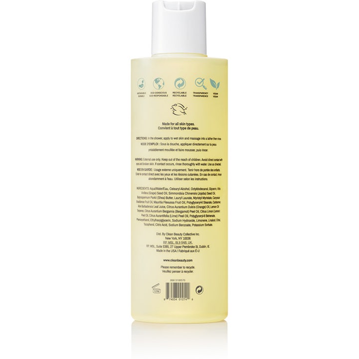Clean Reserve Buriti & Aloe Shower Gel 296 ml kosteuttava suihkugeeli jonka kääntöpuolella on ainesosaluettelo.