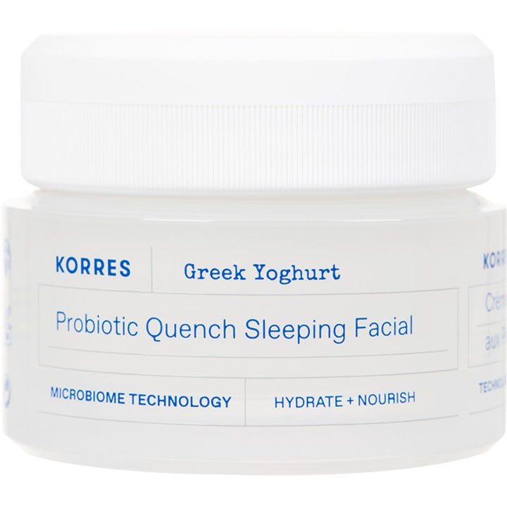 Korres Greek Yoghurt Sleeping Facial 40 ml kosteuttava yövoide valkoisessa purkissa sinisillä teksteillä