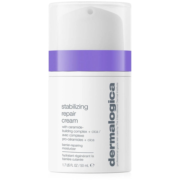 Dermalogica Stabilizing Repair Cream 50 ml vahvistava kasvovoide valkoisessa pumppupullossa, jossa on violetti raita.