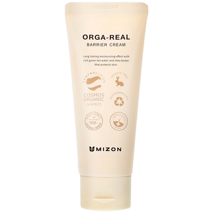 Mizon Orga-Real Barrier Cream kosteuttava kasvovoide beige muovituubi suojaa ihoa vihreällä teellä ja karitevoilla