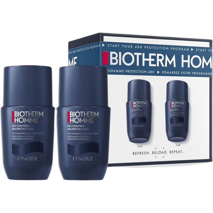 Biotherm Homme Day Control 48H Protection 2 x 75 ml luo raikkauden ja sisältää kaksi tummansinistä roll-on-pulloa.