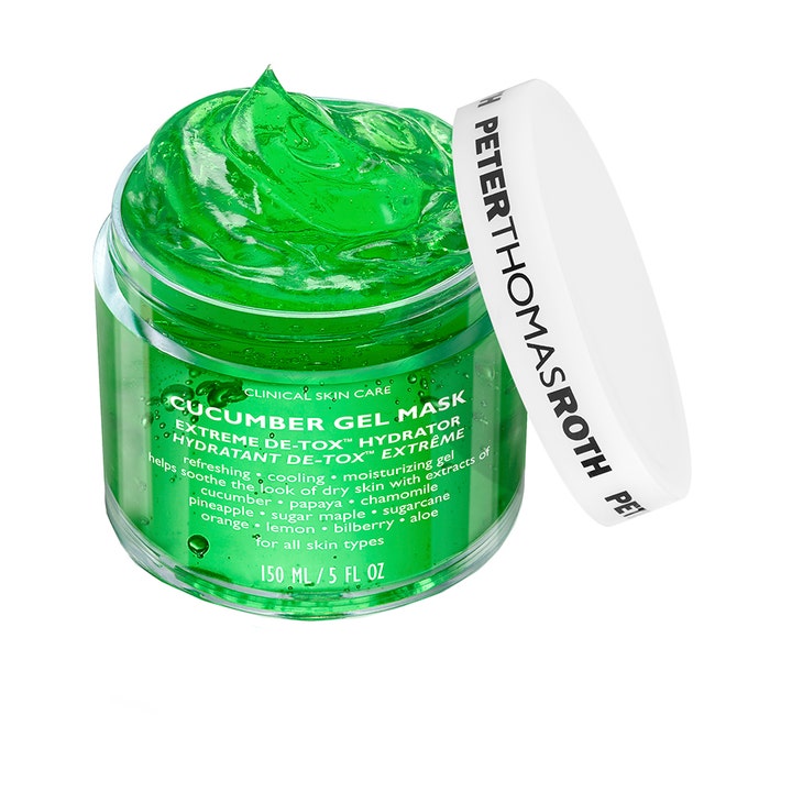 Peter Thomas Roth Cucumber De-Tox Gel Mask 150 ml kasvonaamio, jossa on kirkkaan vihreä geelikoostumus.