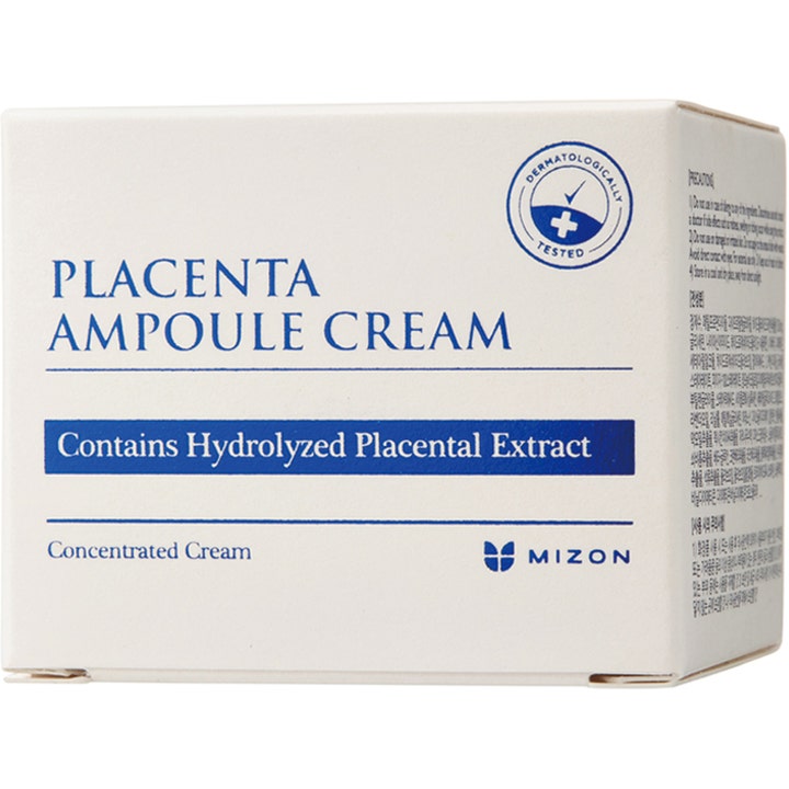 Mizon Placenta Ampoule Cream 50 ml uudistava kasvovoide valkoisessa pahvipakkauksessa, jossa on sinistä tekstiä.