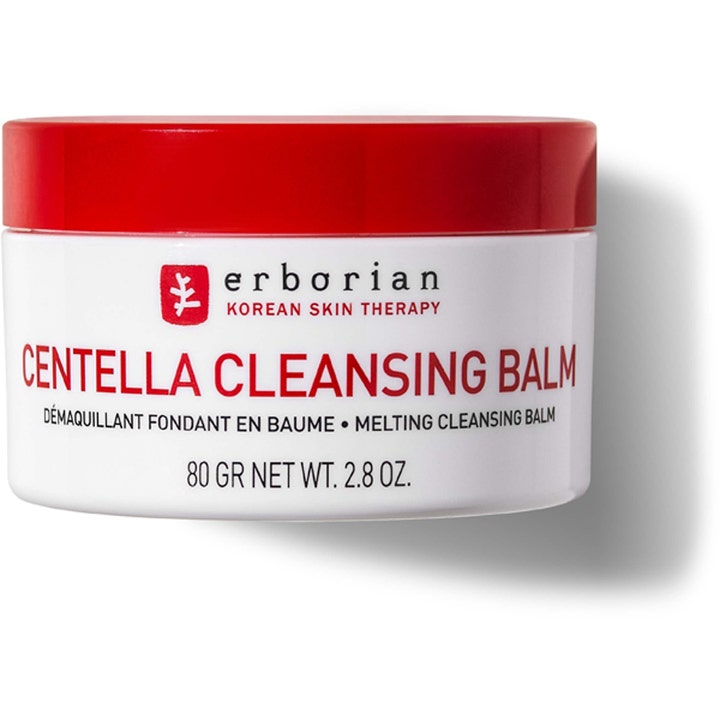 Erborian Centella Cleansing Balm 80 g sulava puhdistusbalmi puhdistaa kasvot valkoisessa purkissa jossa on punainen kansi