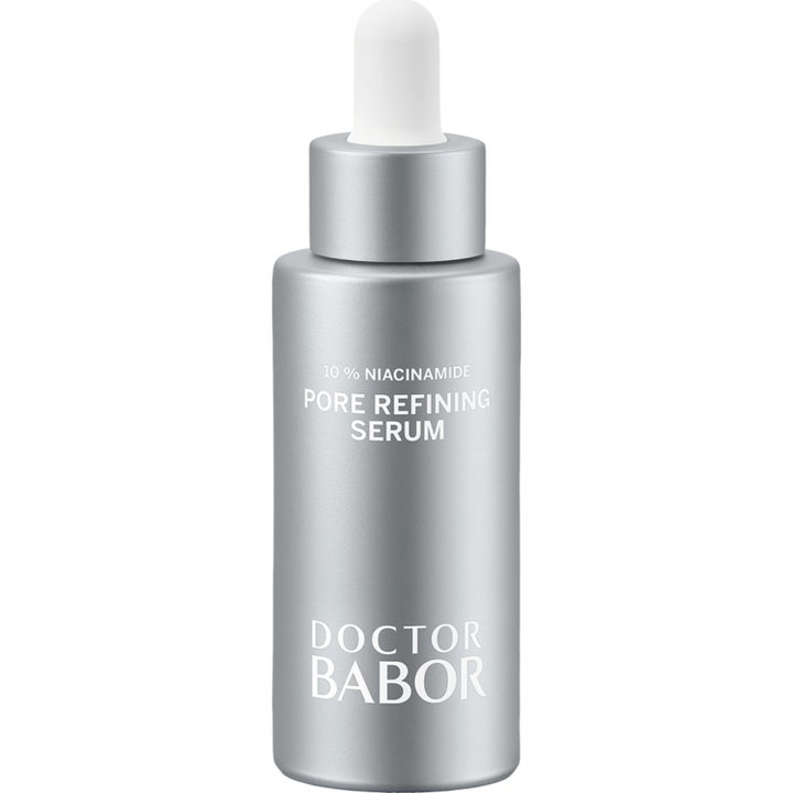 Doctor Babor 10% Niacinamide Pore Refining Serum huokosia supistava seerumi hopeisessa pullossa valkoisella pipetillä
