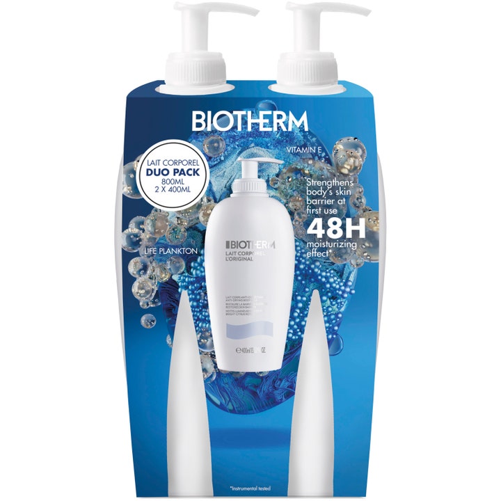 Biotherm Lait Corporel Duo Pack 800ml kosteuttava vartalomaito kaksi valkoista pumppupulloa sinisessä pakkauksessa