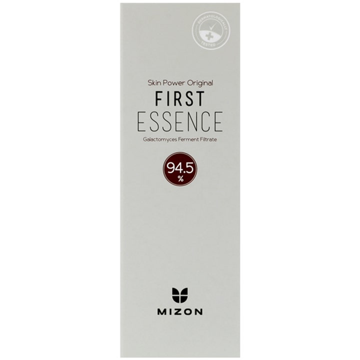 Mizon Skin Power Original First Essence kirkastava hoitoneste vaaleanharmaassa pahvipakkauksessa heleyttää ihoa.