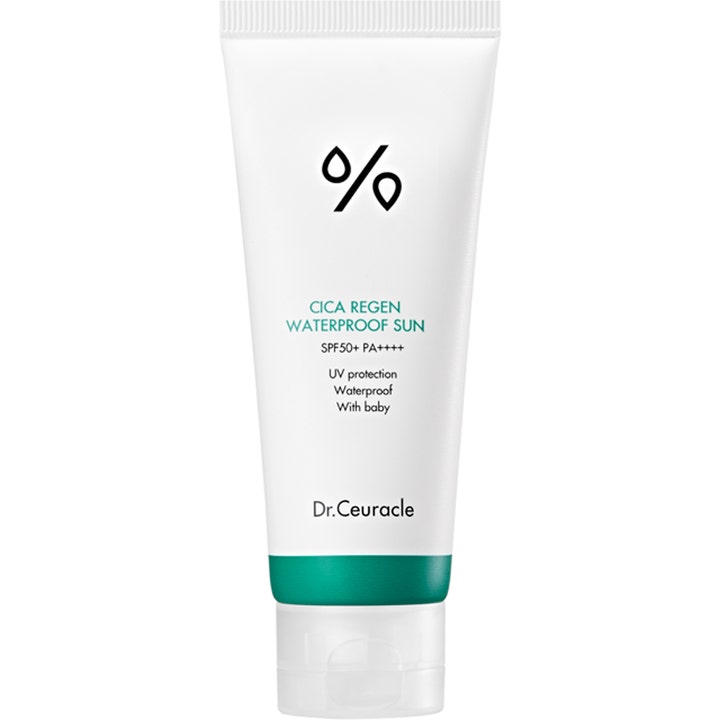 Dr.Ceuracle Cica Regen Waterproof Sun rauhoittava aurinkovoide valkoisessa tuubissa vihreällä raidalla ja prosenttimerkillä