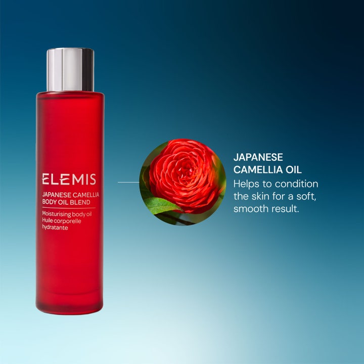 Elemis Japanese Camellia Oil Blend 100 ml ravitseva vartaloöljy punaisessa pullossa kera kameliankukan.
