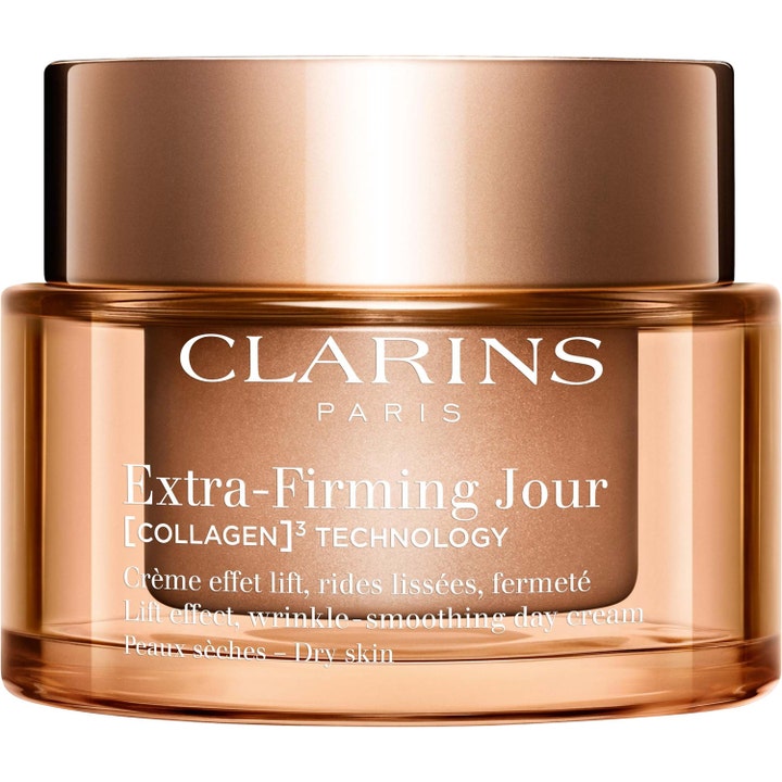 Clarins Extra-Firming Jour 50 ml kiinteyttävä päivävoide silottaa ryppyjä ylellisessä kuparinvärisessä lasipurkissa